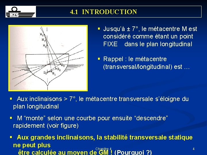 4. 1 INTRODUCTION § Jusqu’à ± 7°, le métacentre M est considéré comme étant