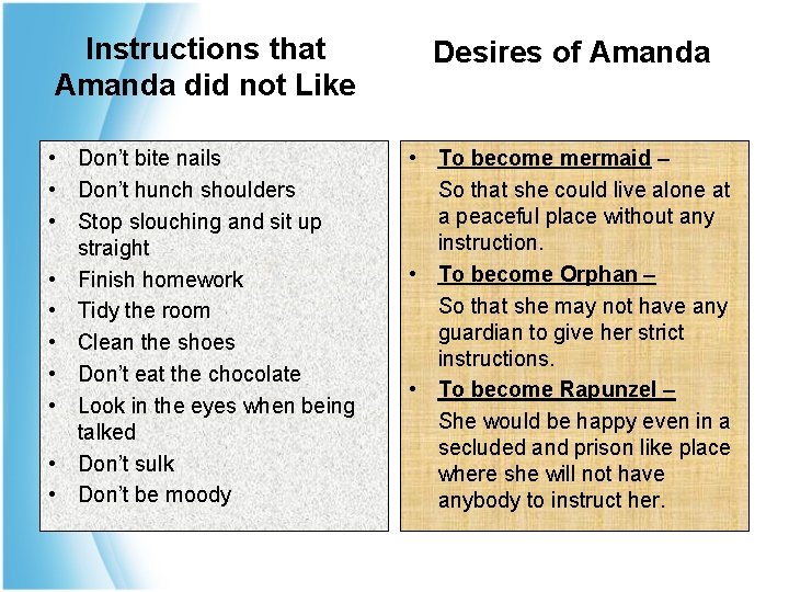 Instructions that Amanda did not Like Desires of Amanda • Don’t bite nails •