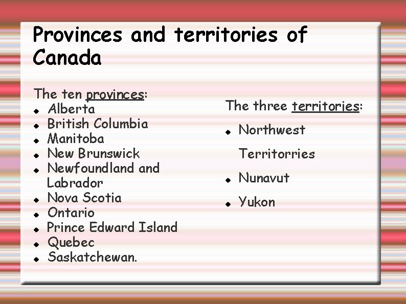 Provinces and territories of Canada The ten provinces: Alberta British Columbia Manitoba New Brunswick
