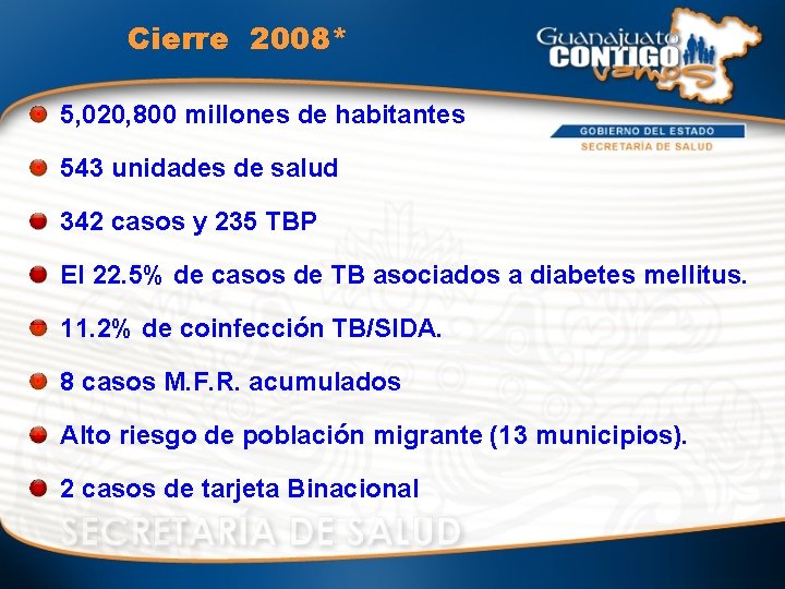 Cierre 2008* 5, 020, 800 millones de habitantes 543 unidades de salud 342 casos