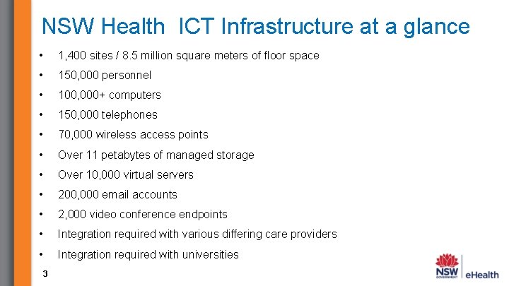 NSW Health ICT Infrastructure at a glance • 1, 400 sites / 8. 5