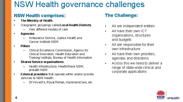 NSW Health governance challenges NSW Health comprises: • • The Ministry of Health Geographic