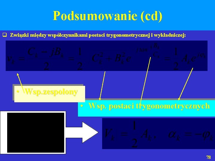 Podsumowanie (cd) q Związki między współczynnikami postaci trygonometrycznej i wykładniczej: • Wsp. zespolony •