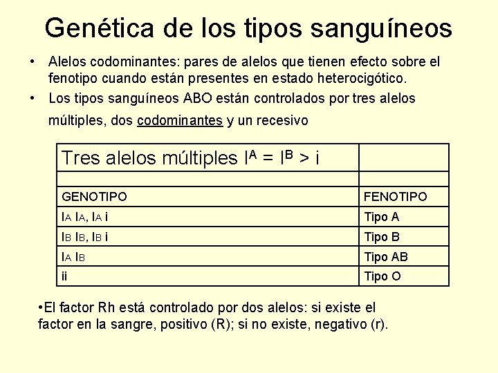 Genética de los tipos sanguíneos • Alelos codominantes: pares de alelos que tienen efecto
