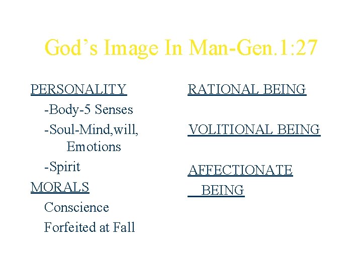 God’s Image In Man-Gen. 1: 27 PERSONALITY -Body-5 Senses -Soul-Mind, will, Emotions -Spirit MORALS