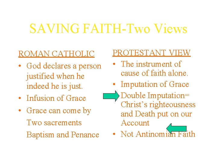 SAVING FAITH-Two Views ROMAN CATHOLIC • God declares a person justified when he indeed
