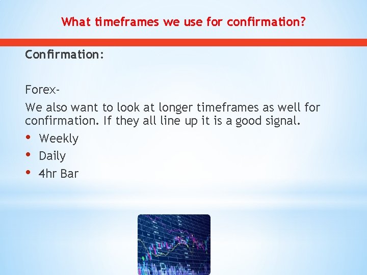 What timeframes we use for confirmation? Confirmation: Forex. We also want to look at