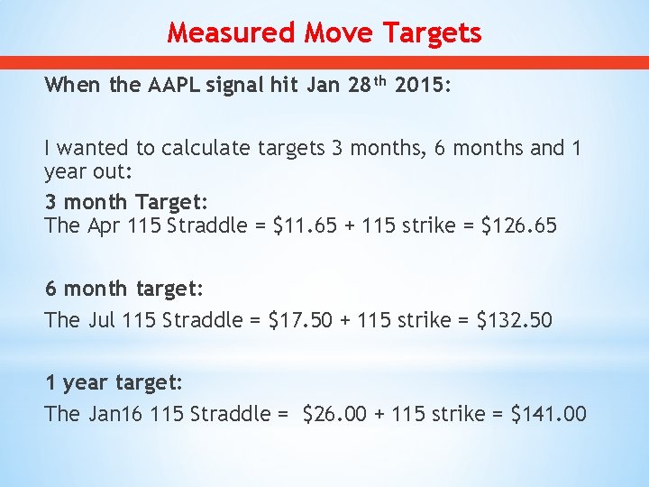 Measured Move Targets When the AAPL signal hit Jan 28 th 2015: I wanted