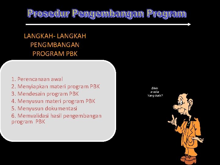 LANGKAH- LANGKAH PENGMBANGAN PROGRAM PBK 1. Perencanaan awal 2. Menyiapkan materi program PBK 3.