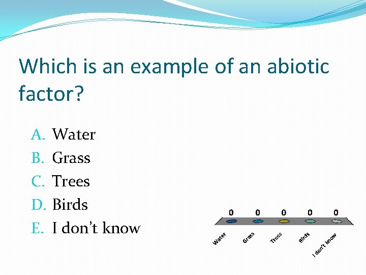 Which is an example of an abiotic factor? A. B. C. D. E. Water