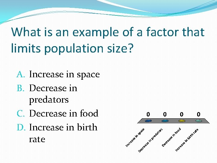 What is an example of a factor that limits population size? A. Increase in