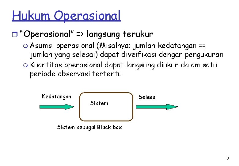 Hukum Operasional r “Operasional” => langsung terukur m Asumsi operasional (Misalnya: jumlah kedatangan ==