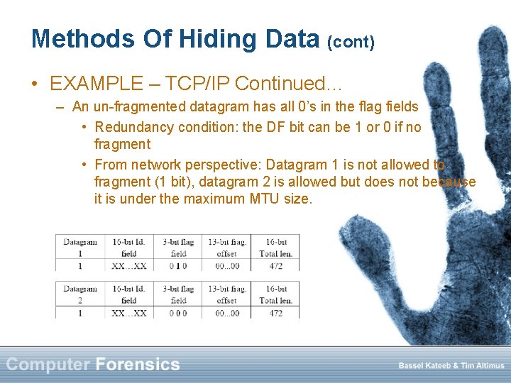 Methods Of Hiding Data (cont) • EXAMPLE – TCP/IP Continued… – An un-fragmented datagram