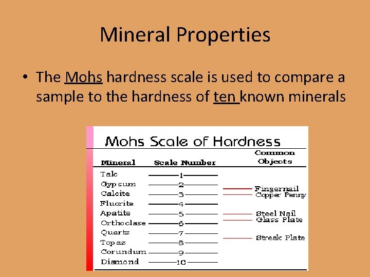 Mineral Properties • The Mohs hardness scale is used to compare a sample to