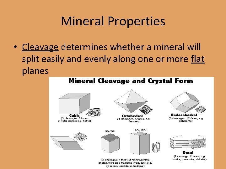 Mineral Properties • Cleavage determines whether a mineral will split easily and evenly along