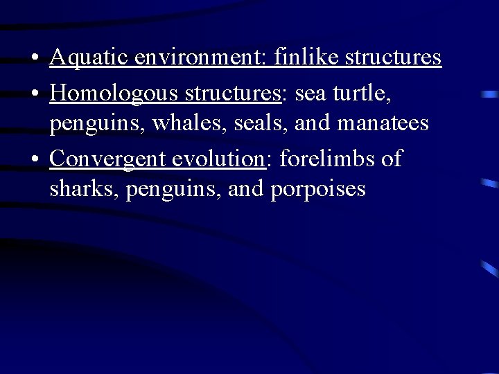  • Aquatic environment: finlike structures • Homologous structures: sea turtle, penguins, whales, seals,