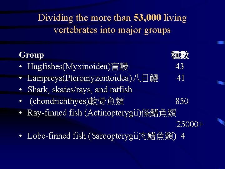 Dividing the more than 53, 000 living vertebrates into major groups Group 種數 •