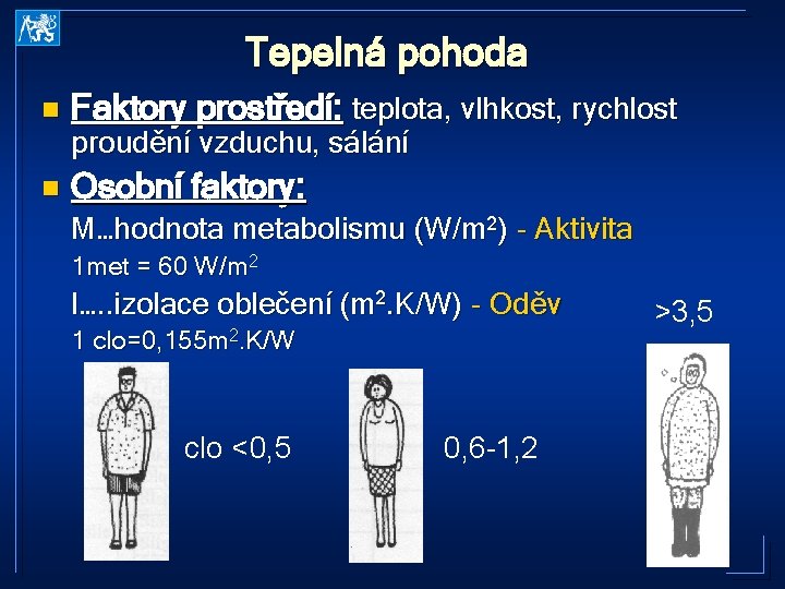 Tepelná pohoda n Faktory prostředí: teplota, vlhkost, rychlost n Osobní faktory: proudění vzduchu, sálání