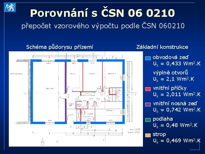 Porovnání s ČSN 06 0210 přepočet vzorového výpočtu podle ČSN 060210 Schéma půdorysu přízemí