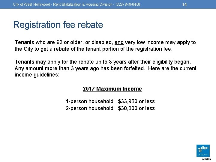 City of West Hollywood - Rent Stabilization & Housing Division - (323) 848 -6450