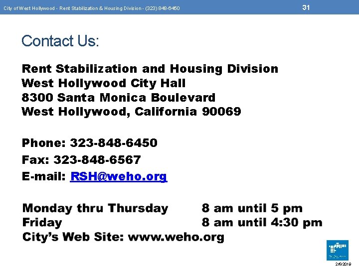 City of West Hollywood - Rent Stabilization & Housing Division - (323) 848 -6450