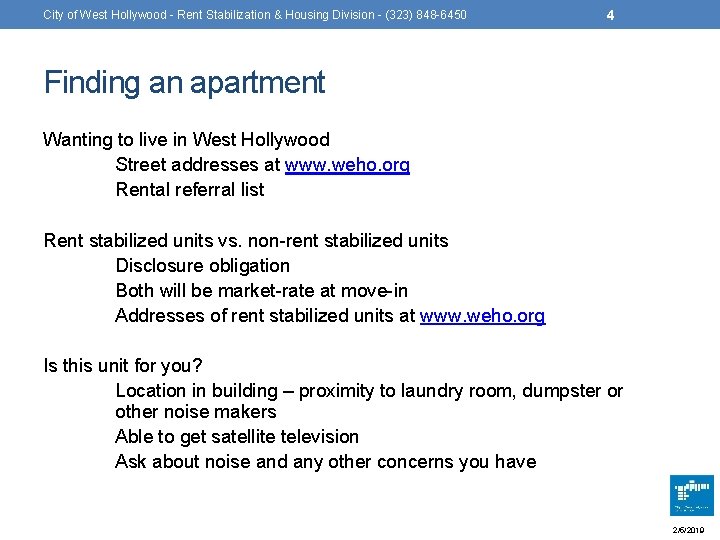 City of West Hollywood - Rent Stabilization & Housing Division - (323) 848 -6450