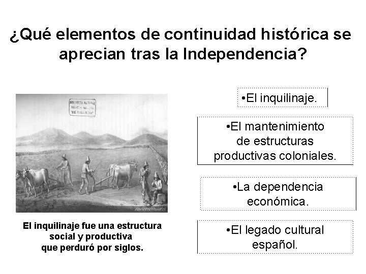 ¿Qué elementos de continuidad histórica se aprecian tras la Independencia? • El inquilinaje. •