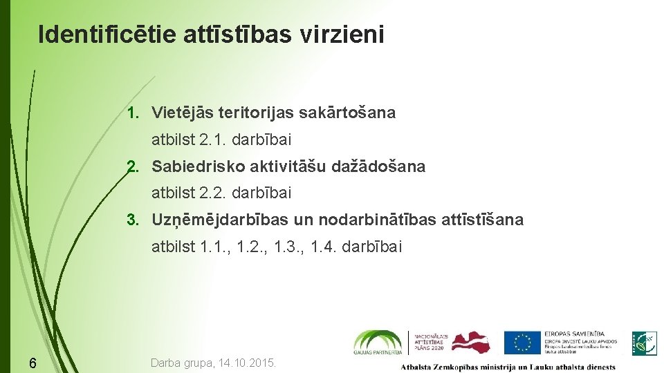 Identificētie attīstības virzieni 1. Vietējās teritorijas sakārtošana atbilst 2. 1. darbībai 2. Sabiedrisko aktivitāšu