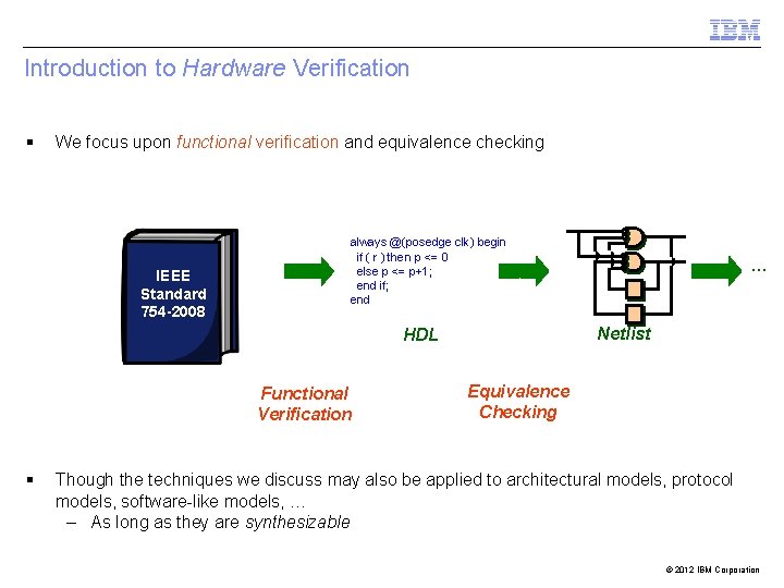 Introduction to Hardware Verification § We focus upon functional verification and equivalence checking IEEE