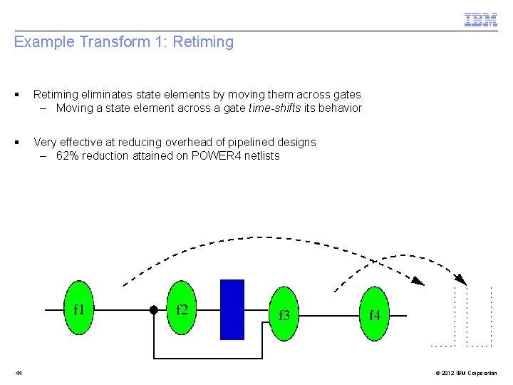 Example Transform 1: Retiming § Retiming eliminates state elements by moving them across gates