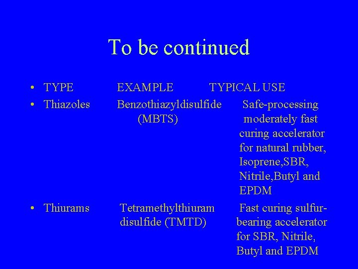 To be continued • TYPE • Thiazoles • Thiurams EXAMPLE TYPICAL USE Benzothiazyldisulfide Safe-processing