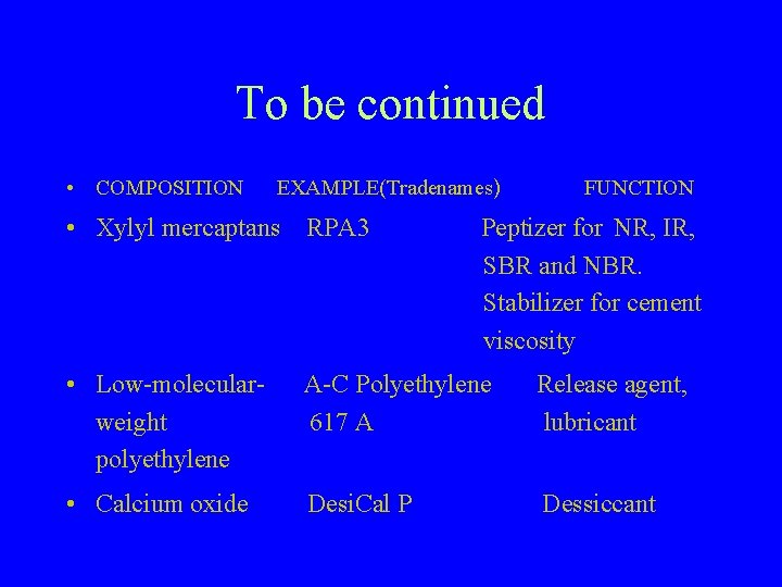 To be continued • COMPOSITION EXAMPLE(Tradenames) • Xylyl mercaptans RPA 3 FUNCTION Peptizer for