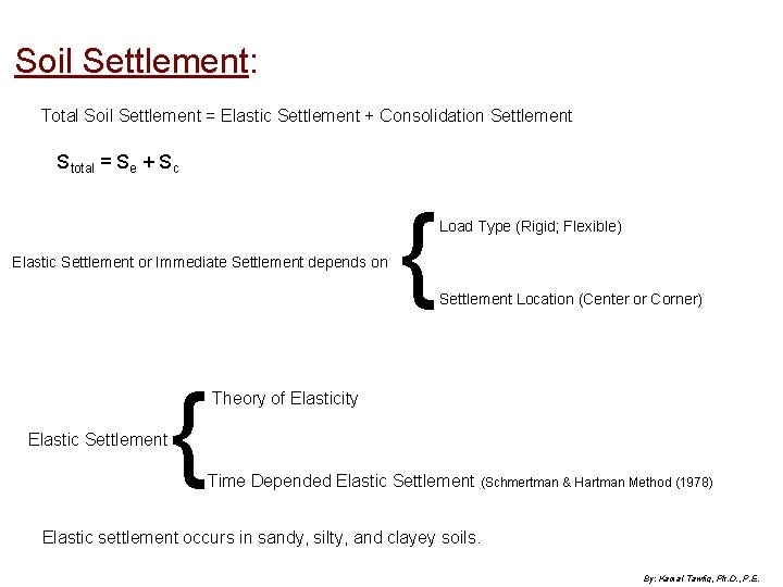 Soil Settlement: Total Soil Settlement = Elastic Settlement + Consolidation Settlement Stotal = Se