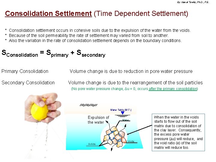 By: Kamal Tawfiq, Ph. D. , P. E. Consolidation Settlement (Time Dependent Settlement) *