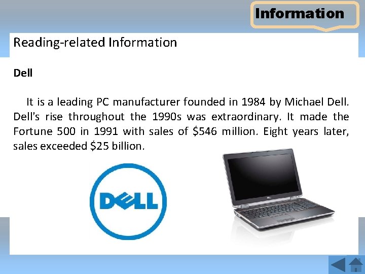 Information Reading-related Information Dell It is a leading PC manufacturer founded in 1984 by