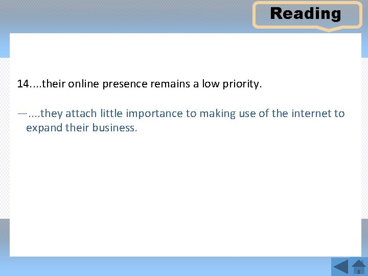 Reading 14. . their online presence remains a low priority. —. . they attach