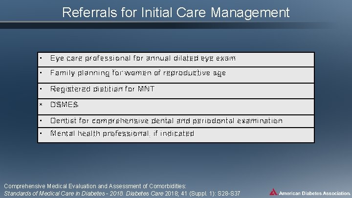 Referrals for Initial Care Management • Eye care professional for annual dilated eye exam
