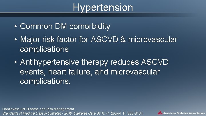 Hypertension • Common DM comorbidity • Major risk factor for ASCVD & microvascular complications