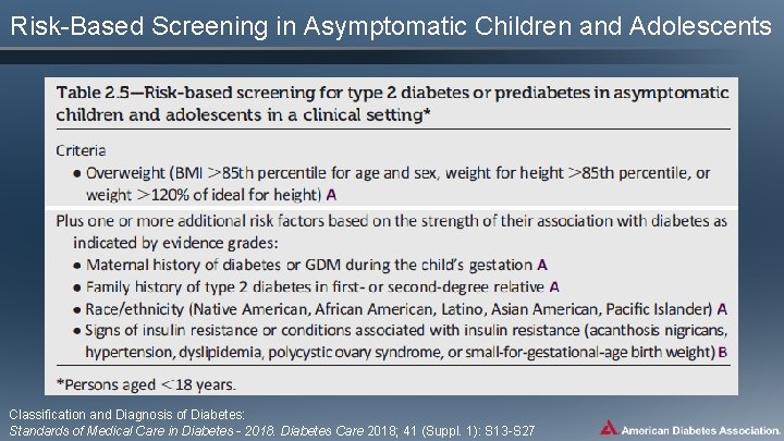 Risk-Based Screening in Asymptomatic Children and Adolescents Classification and Diagnosis of Diabetes: Standards of