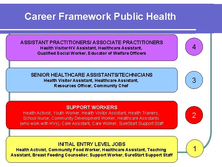 Career Framework Public Health ASSISTANT PRACTITIONERS/ ASSOCIATE PRACTITIONERS Health Visitor/HV Assistant, Healthcare Assistant, Qualified