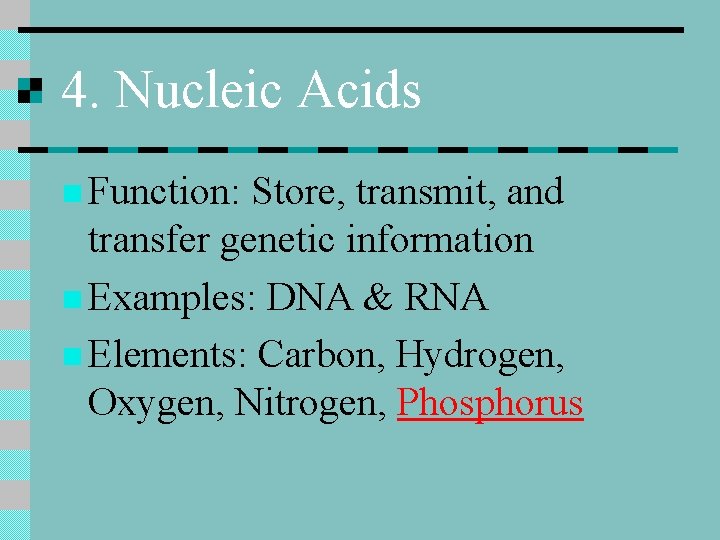 4. Nucleic Acids n Function: Store, transmit, and transfer genetic information n Examples: DNA