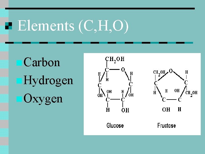 Elements (C, H, O) n Carbon n Hydrogen n Oxygen 