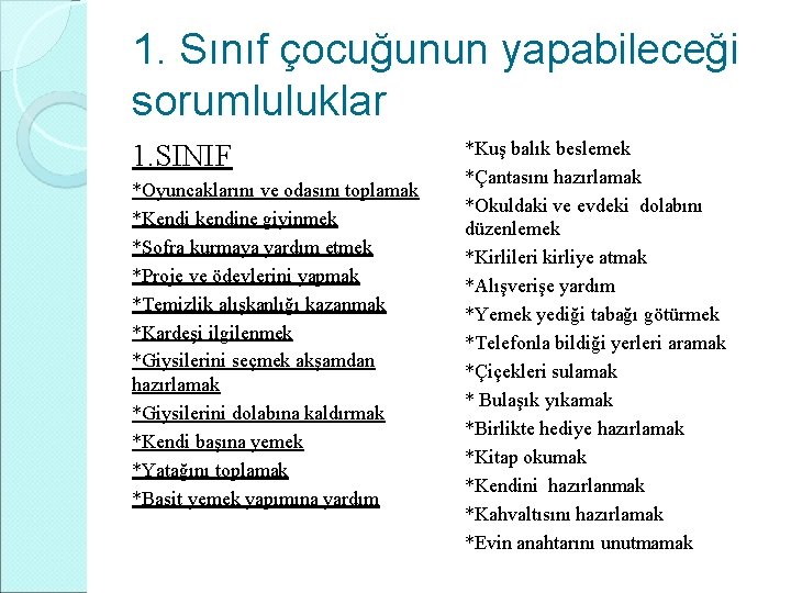 1. Sınıf çocuğunun yapabileceği sorumluluklar 1. SINIF *Oyuncaklarını ve odasını toplamak *Kendi kendine giyinmek