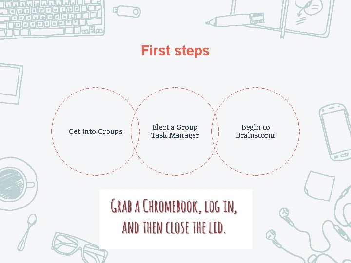 First steps Get into Groups Elect a Group Task Manager Begin to Brainstorm 