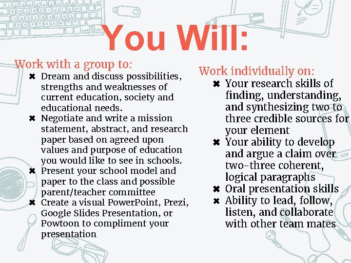 You Will: Work with a group to: ✖ Dream and discuss possibilities, strengths and