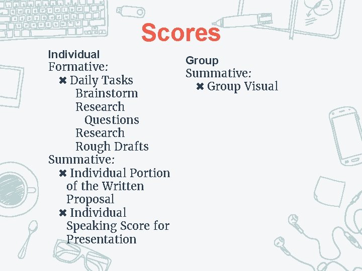 Scores Individual Formative: ✖ Daily Tasks Brainstorm Research Questions Research Rough Drafts Summative: ✖ Scores Individual Formative: ✖ Daily Tasks Brainstorm Research Questions Research Rough Drafts Summative: ✖