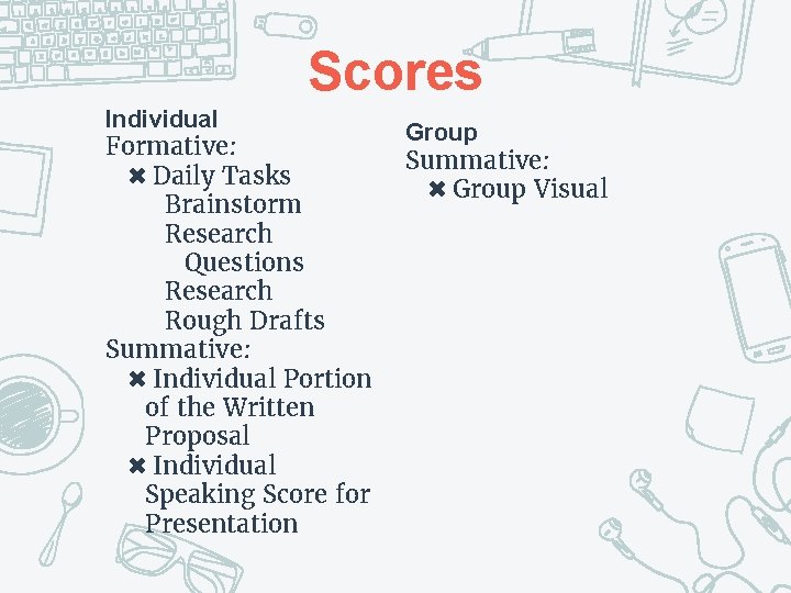 Scores Individual Formative: ✖ Daily Tasks Brainstorm Research Questions Research Rough Drafts Summative: ✖