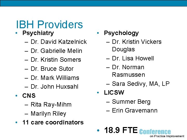 IBH Providers • Psychiatry – Dr. David Katzelnick – Dr. Gabrielle Melin – Dr.