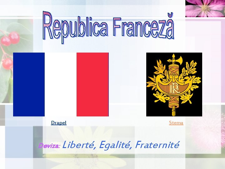 Drapel Stema Deviza: Liberté, Egalité, Fraternité Drapel Stema Deviza: Liberté, Egalité, Fraternité