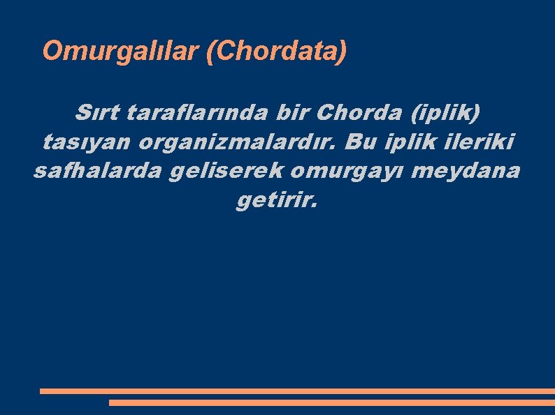 Omurgalılar (Chordata) Sırt taraflarında bir Chorda (iplik) tasıyan organizmalardır. Bu iplik ileriki safhalarda geliserek